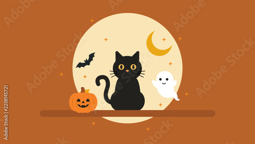 Halloween black cat with pumpkin flat design vector illustration. halloween cat featuring cute spooky illustrations and magical elements, expressive magical artwork. Vector illustration