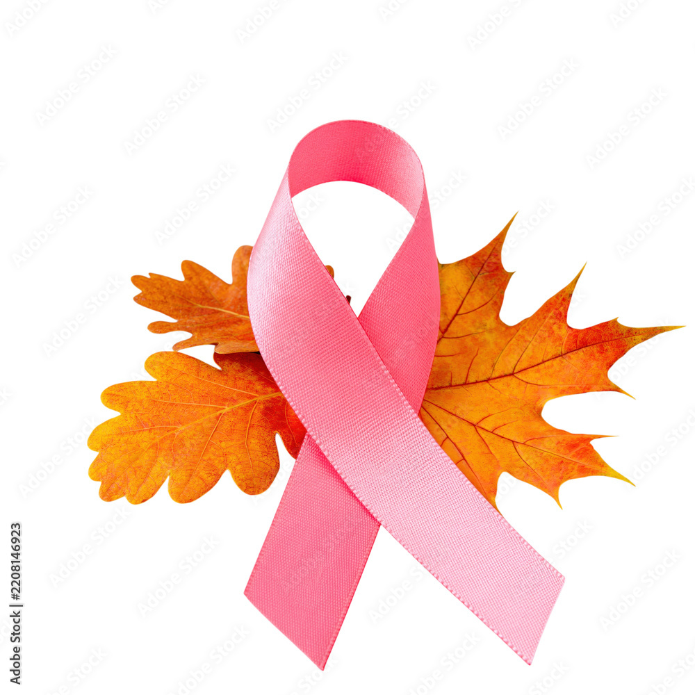 Fototapeta premium Pink satin ribbon for breast cancer awareness with orange autumn maple and oak leaves isolated on transparent background PNG element