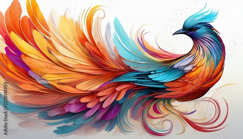 vibrant stylized bird with flowing multicolored plumage against a white background