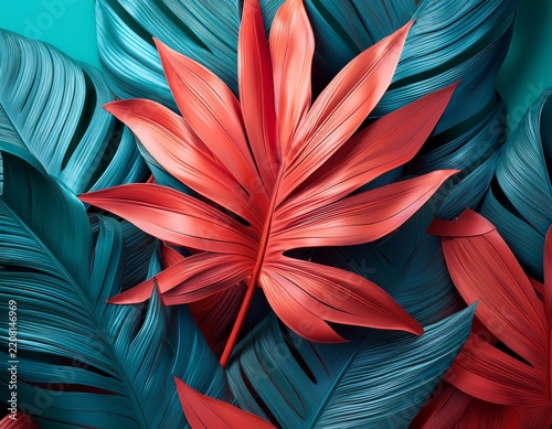 vibrant tropical foliage in striking coral and teal hues