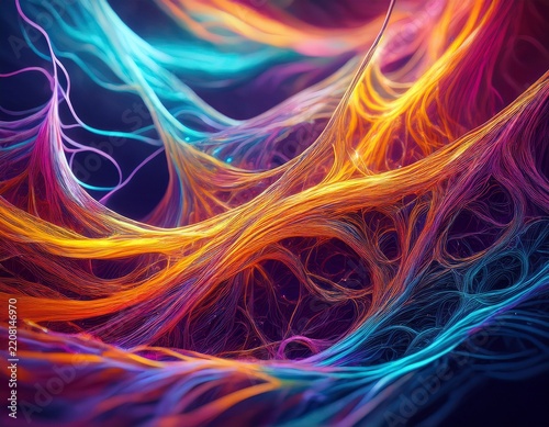 vibrant suspended liquid threads form a colorful abstract web like structure