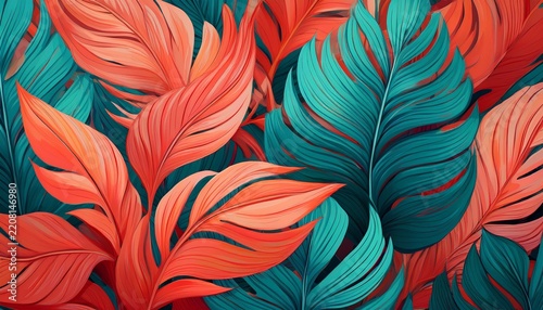 vibrant tropical foliage pattern with bold coral and teal leaves