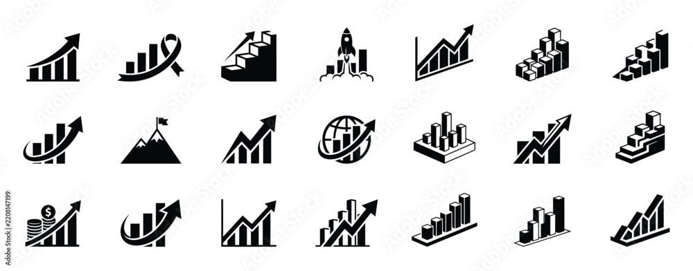 Fototapeta premium A collection of black and white business icons featuring a bar graph and various financial growth charts for professional data analysis and presentations