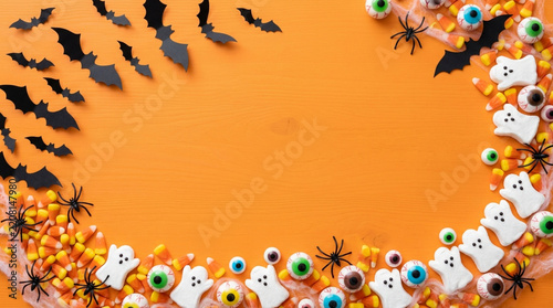 Halloween Flat Lay: Spooky Treats, Bats, Spiders, Ghosts & Candy Corn Border