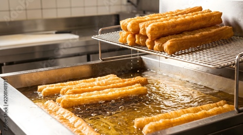 golden fried Chinese Youtiao frying in hot oil in and a commercial kitchen rack