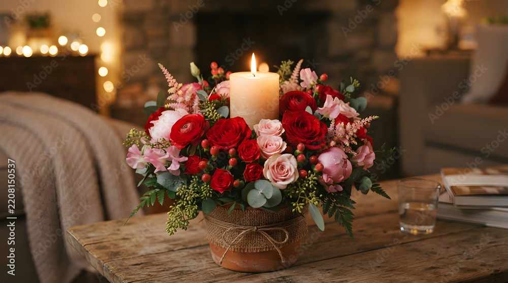 Obraz premium Scarlet and pink floral centerpiece with a lit candle on transparent