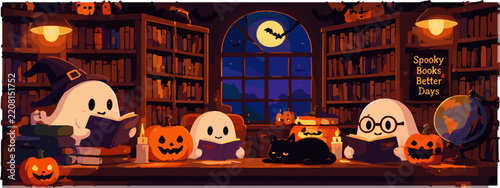 Spooky Halloween Library Scene with Ghosts Pumpkins and Haunted Books