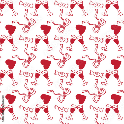 Valentine’s Day Seamless Pattern with Wine Glasses, Hearts, Candy and Bows in Red Line Art on White Background