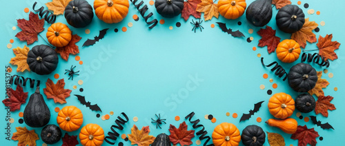 Halloween Festive Frame: Pumpkins, Bats, Leaves, Confetti on Teal Background