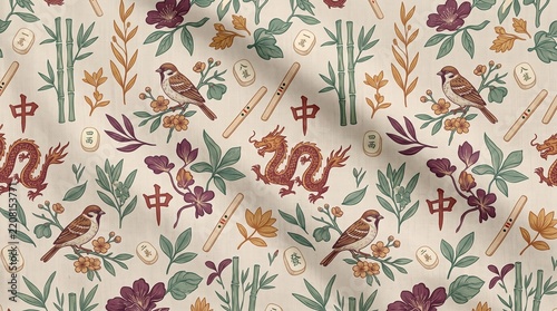 Chinese Traditional Dragon and Bird Fabric Pattern