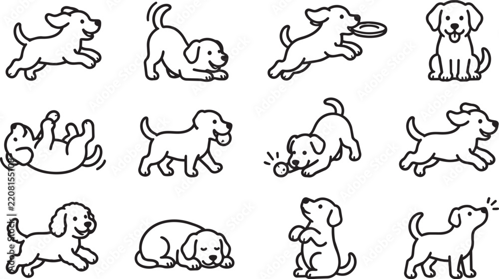Obraz premium Set of cute puppy dog line art character icons