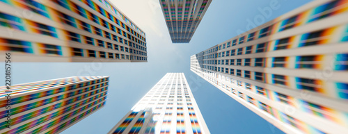 Low angle view of modern skyscrapers with vibrant rainbow chromatic aberration light effects