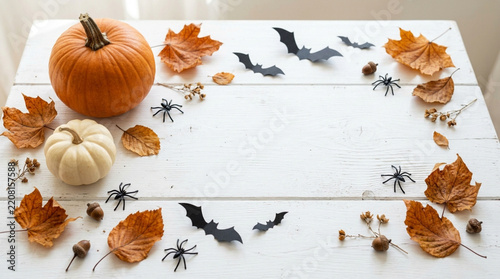 Halloween flat lay with pumpkins, autumn leaves, bats, spiders, and acorns on white wood