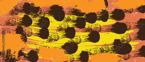 Abstract black dots on yellow and orange brush strokes with red grunge background