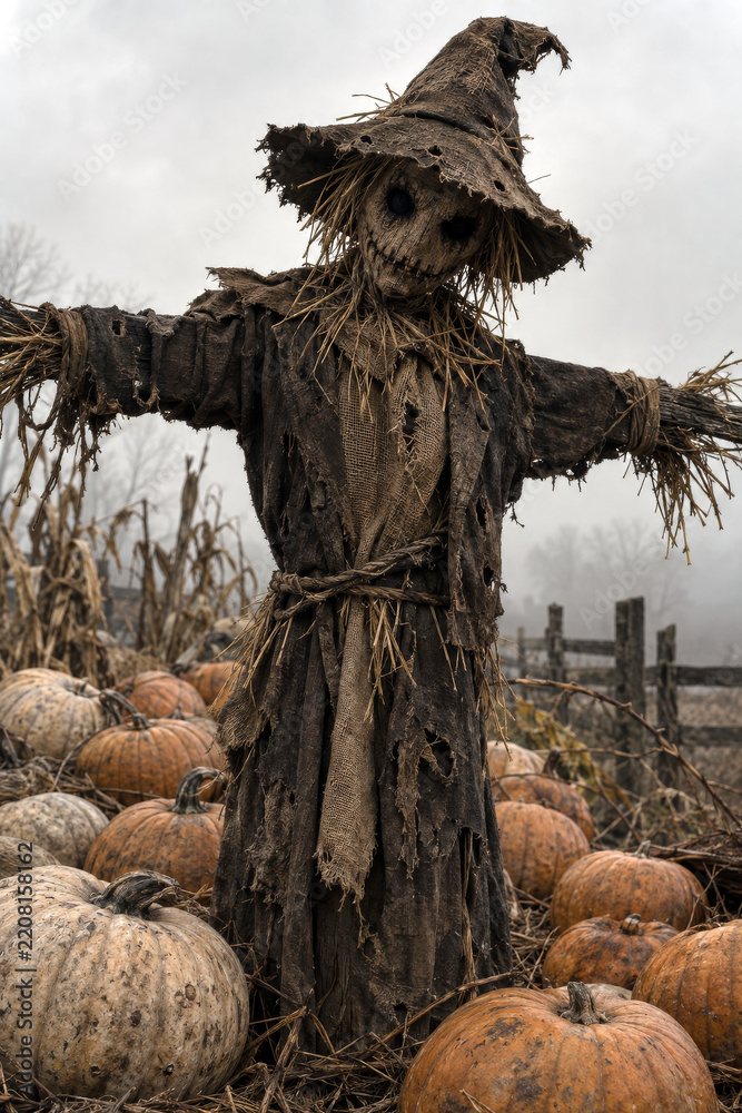 Fototapeta premium Sinister creepy scarecrow in burlap clothes and pointed hat surrounded by muted pumpkins in a moody autumn field, eerie Halloween horror concept photo for seasonal background and dark decor.