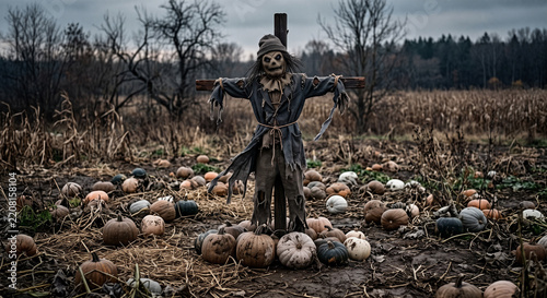Creepy spooky scarecrow standing in a dark pumpkin patch field with muted neutral tone gourds under a gloomy cloudy sky, eerie Halloween landscape photo for autumn horror concepts and seasonal decor.