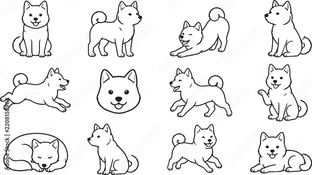 Obraz premium Shiba Inu dog poses set black and white line art