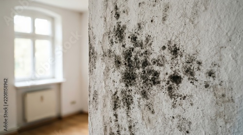 Damaged white wall with mold growth in a room near a window.