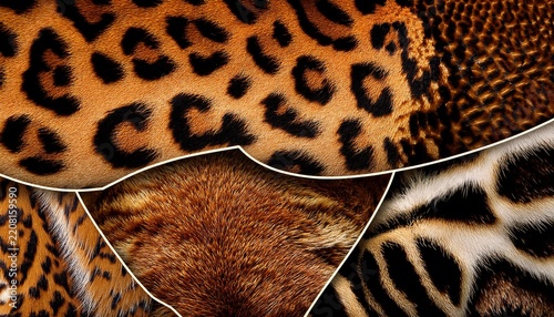 rich mixed animal print collage featuring snake leopard and tiger patterns in golden brown tones