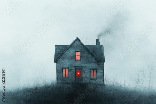 Haunted house with glowing red windows and smoke in misty night