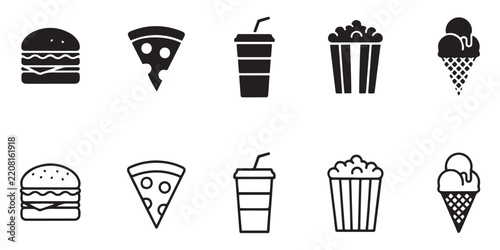 Minimalist fast food icons set including burger pizza soda cup popcorn and ice cream for food graphics.