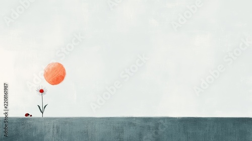 Minimalist spring meadow with orange sun on pale blue background