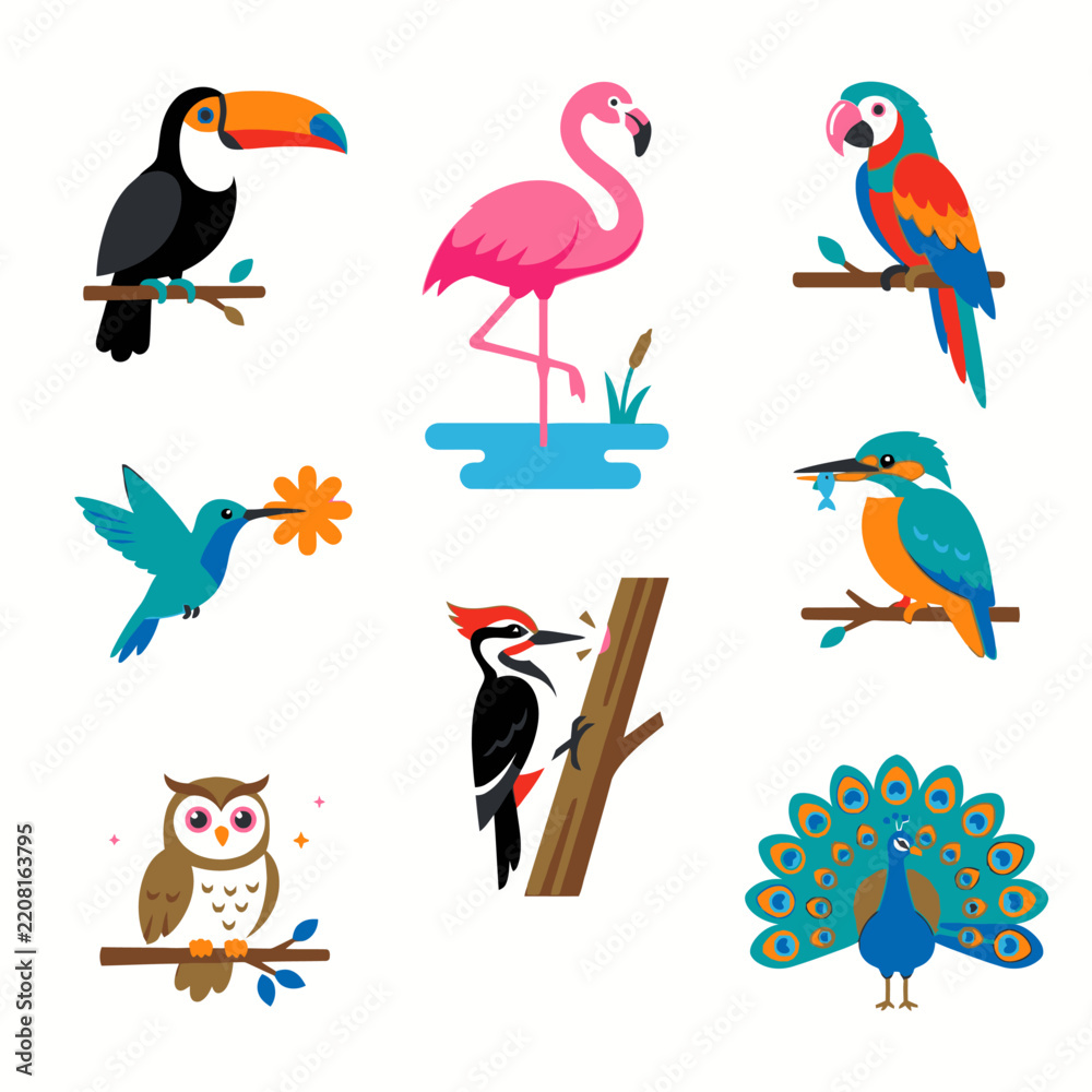 Fototapeta premium A vibrant collection of nine distinct bird illustrations, each perched on a branch or in water, showcasing a variety of species and vibrant colors
