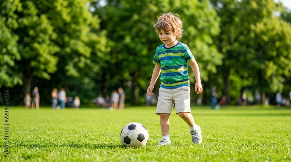 Obraz premium Young boy playing soccer in a green park, sunny day, outdoor fun