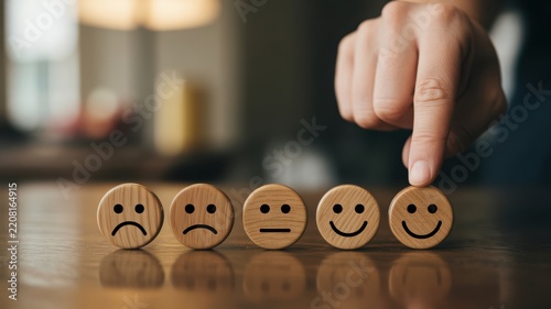 A hand chooses a smiling wooden block from a row of emotions on a table. This customer satisfaction survey concept is perfect for business feedback ads.