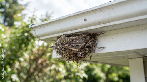 Wild bird nest sheltered beneath a white rain gutter on a residential house