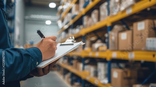 A warehouse worker holding a clipboard and writing notes with shelves of boxes in the background. Use this image for supply chain and logistics concepts.