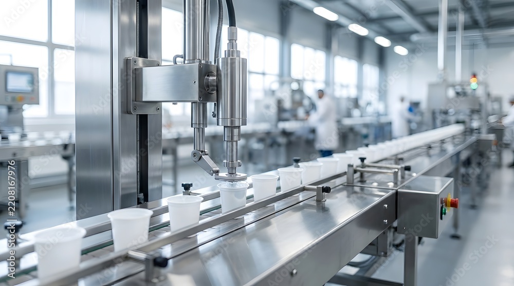 Fototapeta premium Automated industrial machinery sealing white plastic cups on a conveyor belt in a modern food production factory, commercial packaging assembly line and manufacturing technology facility.