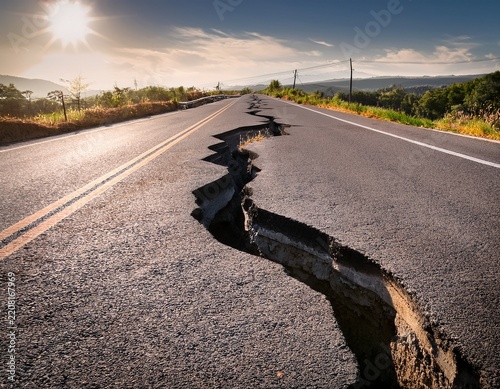 a damaged asphalt road featuring a deep crack likely due to an earthquake or soil erosion presents hazards for cars and walkers