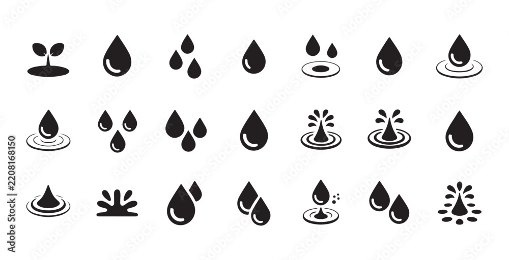 Obraz premium Black water drops and plant icons set vector graphic illustration for nature element design.