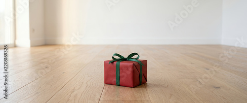 A single red gift box with a green ribbon placed on a wooden floor in a minimalistic, bright room, symbolizing the festive season.