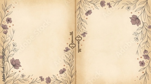 Vintage book pages with floral border and antique keys