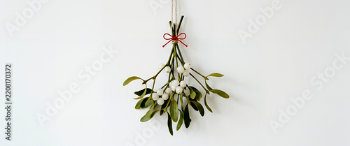 A decorative bunch of mistletoe hangs from a string, adorned with a small red bow, set against a plain white background, symbolizing holiday traditions.