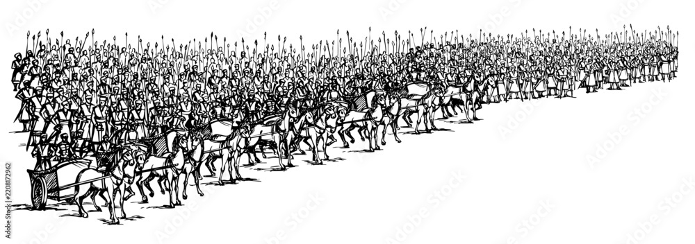 Obraz premium Vector drawing. Army on chariots