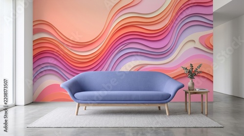 Modern living room interior with abstract wave wall mural, contemporary blue sofa on rug, interior design and home decor concept