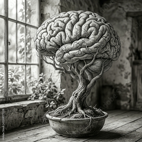 Bonsai tree with a human brain as its canopy in a monochrome studio room