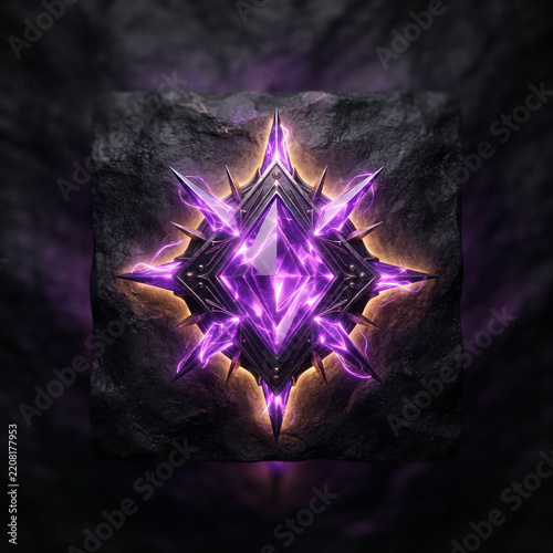 Purple crystal emblem glowing on a dark textured stone mounted surface