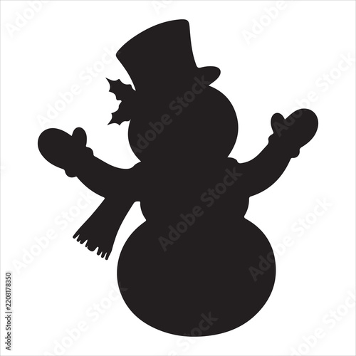 Christmas Snowman Black Silhouette with Hat and Scarf,Cute Winter Snowman Holiday Character Silhouette 