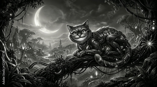 Grinning robotic cat perched on a fallen trunk in a fantastical wood in a forest