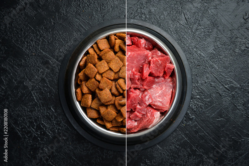 Photo collage. Bowl with food for dogs or cats. A set of dry fodder and fresh meat. Concept of healthy food for animals.