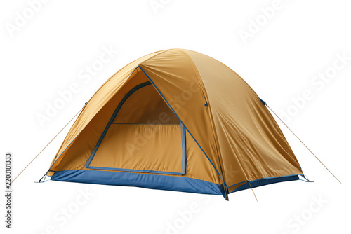 Bright brown camping tent with blue trim isolated on transparent background for outdoor adventure gear