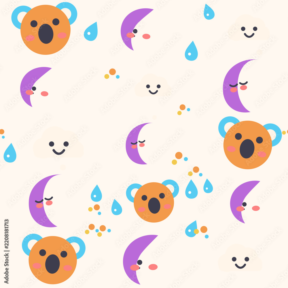 Obraz premium Seamless koala naps nursery pattern featuring a sleepy koala, crescent moon and soft clouds, in a soft sunset breeze palette. Cute vector background for baby fabric, wallpaper and textile design.
