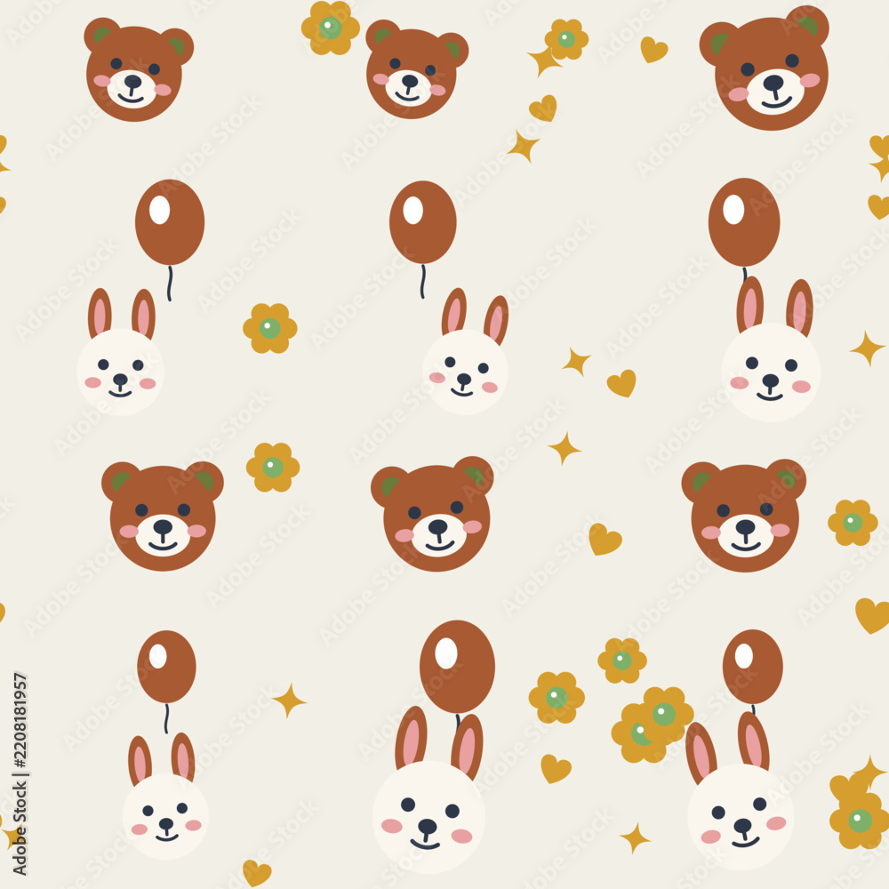 Obraz premium Seamless love day nursery pattern featuring a teddy bear, bunny and floating heart balloons, in a soft forest tales palette. Cute vector background for baby fabric, wallpaper and textile design.