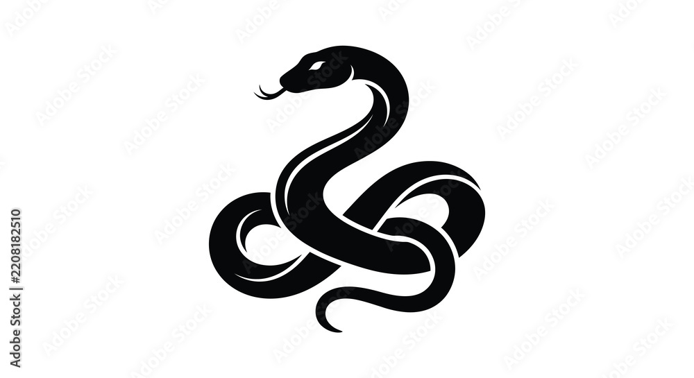Fototapeta premium Black snake silhouette curves gracefully against a white background
