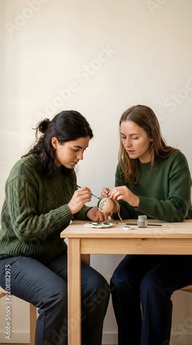 Two women crafting with small wooden items.