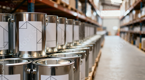 Neatly arranged metal paint cans lined on pallets in a bright warehouse aisle, showing inventory, packaging, labels and supply storage for manufacturing, distribution
